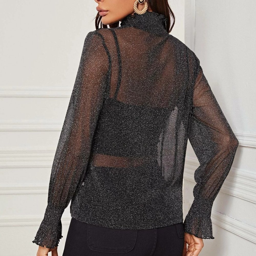 3/$25💦Black Sheer LS Top with ruffled sheer NWOT - Picture 7 of 9